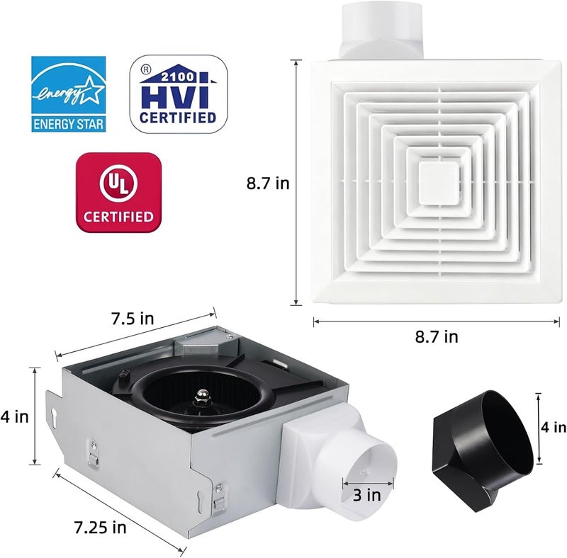 VENTECHLATION Bathroom Exhaust Fan 50 CFM,1.2 Sone, 3&4-Inch Duct Included, No Attic Access Needed, Energy Star, Easy to Install,Ceiling or Wall Mounted, Classic White Grille - Image 5
